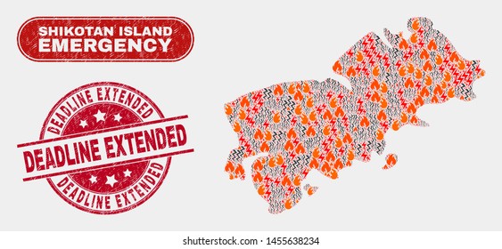 Vector composition of firestorm Shikotan Island map and red round textured Deadline Extended seal stamp. Emergency Shikotan Island map mosaic of flame, energy lightning symbols.