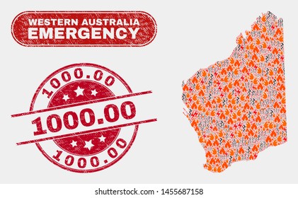 Vector composition of firestorm Western Australia map and red rounded scratched 1000.00 seal stamp. Emergency Western Australia map mosaic of flame, energy hazard elements.