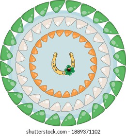 Vector composition of flags of ireland. Round frame with a horseshoe and a clover leaf.