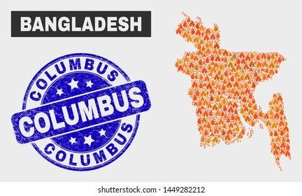 Vector composition of flame Bangladesh map and blue round textured Columbus seal. Orange Bangladesh map mosaic of flame elements. Vector composition for fire protection services, and Columbus seal.