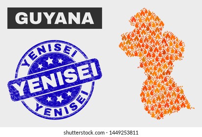 Vector composition of flame Guyana map and blue rounded grunge Yenisei stamp. Fiery Guyana map mosaic of flame symbols. Vector combination for guard services, and Yenisei stamp.