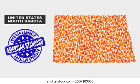 Vector composition of flame North Dakota State map and blue round grunge American Standard stamp. Fiery North Dakota State map mosaic of flame symbols. Vector composition for emergency services,