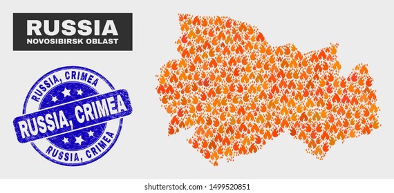Vector composition of flame Novosibirsk Region map and blue round scratched Russia, Crimea seal. Orange Novosibirsk Region map mosaic of flame symbols. Vector composition for emergency services,