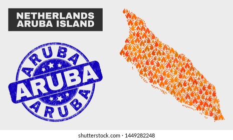 Vector composition of flamed Aruba Island map and blue rounded distress Aruba seal. Fiery Aruba Island map mosaic of flame symbols. Vector combination for emergency services, and Aruba seal.