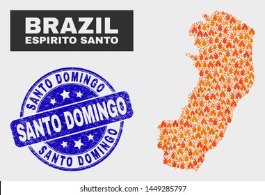 Vector composition of flamed Espirito Santo State map and blue rounded grunge Santo Domingo seal. Orange Espirito Santo State map mosaic of fire elements. Vector composition for emergency services,