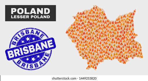 Vector composition of flamed Lesser Poland Voivodeship map and blue round grunge Brisbane watermark. Fiery Lesser Poland Voivodeship map mosaic of fire items. Vector composition for guard services,