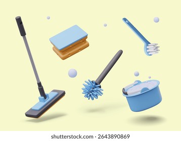 Vector composition of floating cleaning supplies. Tools and detergents. Bucket with soapy foam, mop, sponge, brushes of various types. Set of 3D elements on yellow background
