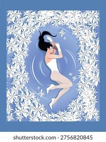 Vector composition of flowers and a girl in water in soft, cool tones.