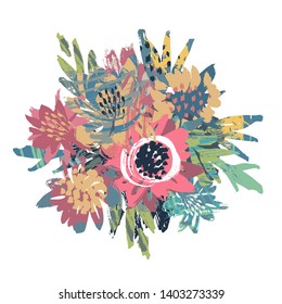 Vector composition with flowers and hand painted texture. Beautiful artistic abstract floral illustration. Summer bouquet