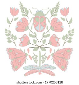 Vector composition of flowers and insects, in pastel colors
