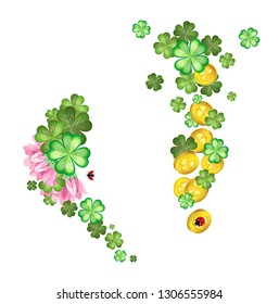 Vector composition of flowers and leaves of clover with gold coins. Isolated objects. Transparent background.
