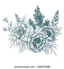 vector composition of flowers, lotus, rose, peony, digitalis, bell flowers, botany, bouquet, graphic design