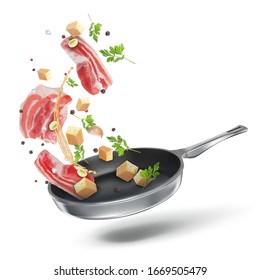 Vector composition with flying slices of bacon, cheese and onions fried in vegetable oil with spices. 3d realistic illustration isolated on white background.