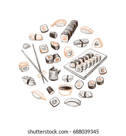 Vector composition in the form of a circle. A variety of rolls and sushi on a white background. 