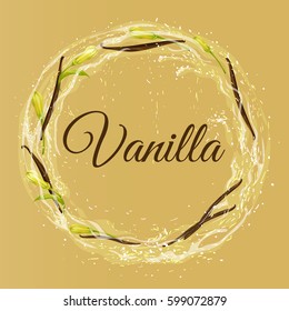 Vector composition in the form of a frame of vanilla powder, buds and vanilla dried chopsticks. Filled in a realistic style. Isolated objects.
