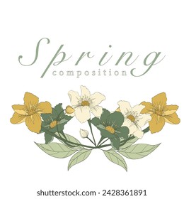 Vector composition with freesia flowers and leaves on white background. Spring title. Invitation design. Greeting card.