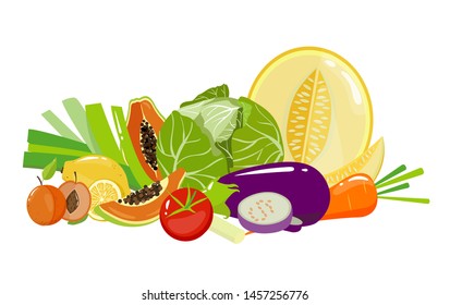 Vector composition with fruits and vegetables. Organic food Illustration for poster, menu, card and banner design
