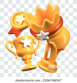 Vector composition of gold awards of different types. 3D crown, cup, medal, stand with ball