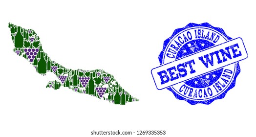 Vector composition of grape wine map of Curacao Island and grunge stamp for best wine. Map of Curacao Island collage composed with bottles and grape berries.