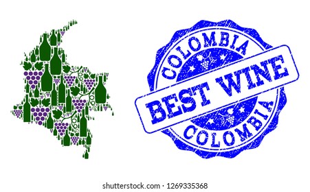 Vector composition of grape wine map of Colombia and grunge seal for best wine. Map of Colombia collage composed with bottles and grape berries.