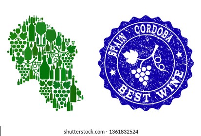 Vector composition of grape wine map of Cordoba Spanish Spanish Province and blue grunge stamp for best wine awards. Map of Cordoba Spanish Spanish Province collage created with green bottles and