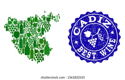 Vector composition of grape wine map of Cadiz Spanish Province and blue grunge stamp for best wine awards. Map of Cadiz Spanish Province collage created with green bottles and grape berries.