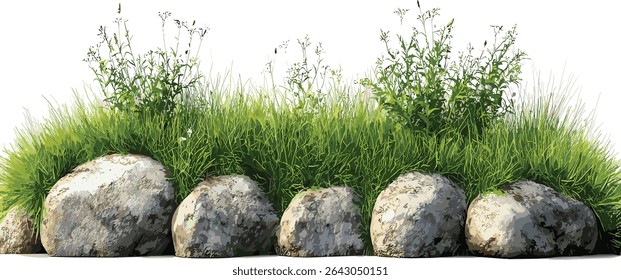 Composição vetorial de campos de grama, prado com rochas, linha de vegetação, cenário natural, ilustração de paisagem, prado verde ao ar livre, natureza serena, prado gramado vibrante