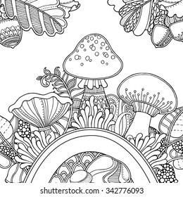 Vector composition with Grass, mushrooms in doodle style. Floral, ornate, decorative, tribal nature design elements. Black and white monochrome background. Zentangle hand drawn coloring book page