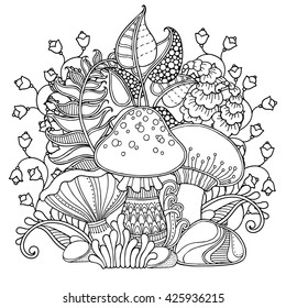 Vector composition with Grass, mushrooms in doodle style. Floral, ornate, decorative, tribal nature design elements. Black and white monochrome background. Zentangle hand drawn coloring book page