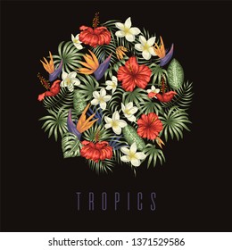 Vector composition of green tropical leaves with plumeria, strelitzia and hibiscus flowers framed in circle on black background. Summer or spring tropical background. Exotic jungle design