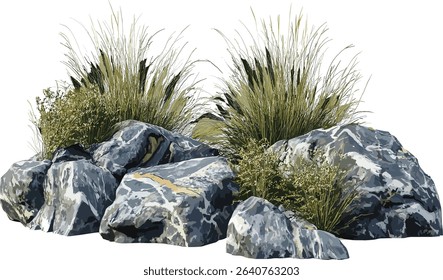 Vector composition of grey rocks and grassy growth, cutout on transparent backgrounds, nature, rocks, grass, transparent, landscape, outdoor, nature design, greenery