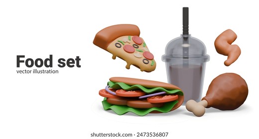 Vector composition, group of fast food on white background