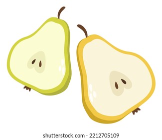 Vector composition of half of green and yellow pears with leaves, isolated on white background.