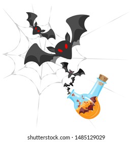 Vector composition for Halloween holiday.  Flask with a potion from which bats fly out against a background of a web. Transparent background