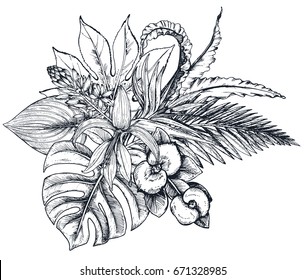 Vector composition of hand drawn black and white tropical flowers, palm leaves, jungle plants, paradise bouquet. Beautiful floral illustration in sketch style