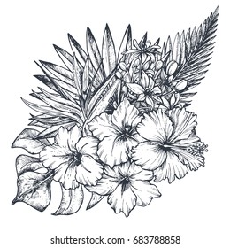 Vector composition of hand drawn black and white tropical flowers, palm leaves, jungle plants, paradise bouquet. Beautiful floral illustration in sketch style