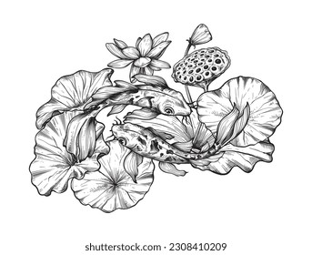 Vector composition with hand drawn blooming lotus flowers and leaves, Koi fish.