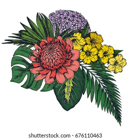 Vector composition of hand drawn colorful tropical flowers, palm leaves, jungle plants, paradise bouquet. Beautiful floral illustration isolated on white background.