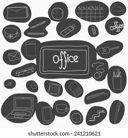 Vector composition with hand drawn office supplies - coffee, CD drive, clock, key, computer, timetable, pen, USB flash drive, folder, glasses, pin, sim card, computer mouse, handy, pin, clip, envelope