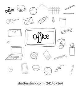 Vector composition with hand drawn office supplies - coffee, CD drive, clock, key, computer, timetable, pen, USB flash drive, folder, glasses, pin, sim card, computer mouse, handy, pin, clip, envelope