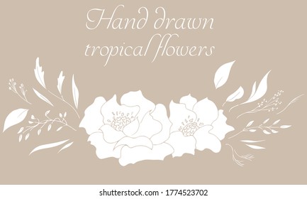 Vector composition of hand drawn tropical flowers, palm leaves, jungle plants, paradise bouquet. Floral illustration in sketch style. Summer background with tropical flowers for travel. Isolated
