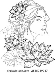 Vector composition with hand-drawn girl and blooming lotus flowers, coloring, black and white lines
