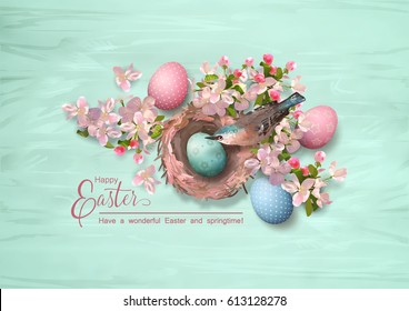Vector composition with Happy Easter lettering, bird, nest, spring flowers and painted eggs