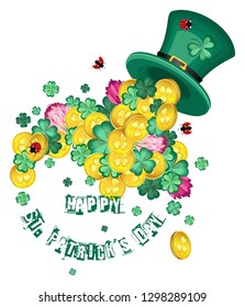 Vector composition with a hat of Leprechaun and clovers interspersed with golden coins for the holiday of St. Patrick's Day. With the text of congratulations. Transparent background