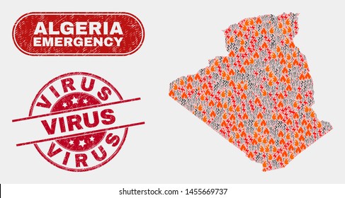 Vector composition of hazard Algeria map and red round grunge Virus seal. Emergency Algeria map mosaic of burning, energy shock symbols. Vector composition for emergency services, and Virus overlay.