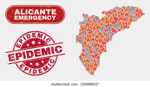 Vector composition of hazard Alicante Province map and red round textured Epidemic stamp. Emergency Alicante Province map mosaic of burning, power hazard elements.