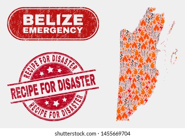 Vector composition of hazard Belize map and red round grunge Recipe for Disaster seal. Emergency Belize map mosaic of flame, energy lightning elements. Vector composition for safety services,
