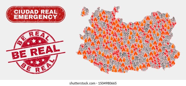 Vector composition of hazard Ciudad Real Province map and red rounded scratched Be Real stamp. Emergency Ciudad Real Province map mosaic of wildfire, energy strike symbols.