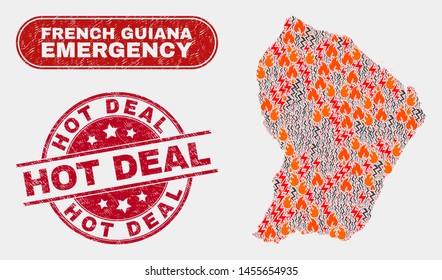 Vector composition of hazard French Guiana map and red rounded textured Hot Deal seal stamp. Emergency French Guiana map mosaic of destruction, power shock elements.