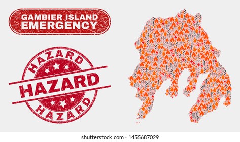 Vector composition of hazard Gambier Island map and red round grunge Hazard seal stamp. Emergency Gambier Island map mosaic of wildfire, power hazard items. Vector composition for emergency services,
